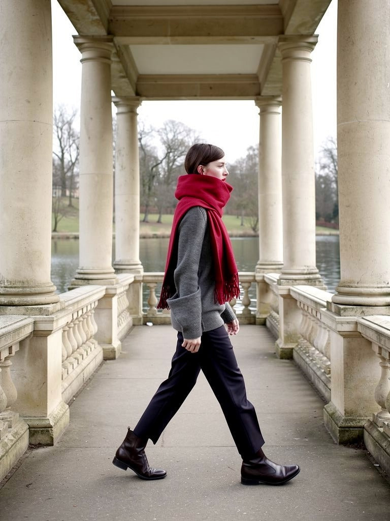 Woman walking in profile in the bordeaux wool pashmina shawl, on a Palladian bridge in a park