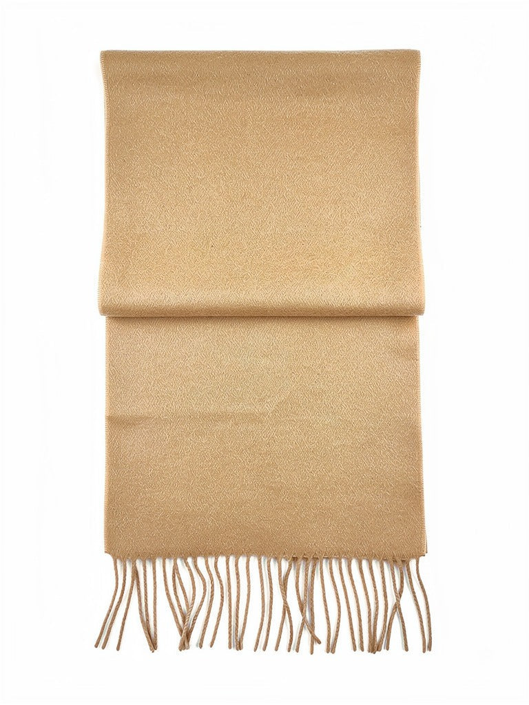 Camel wool pashmina shawl folded flat, showing the plain brushed cloth and twisted tassels