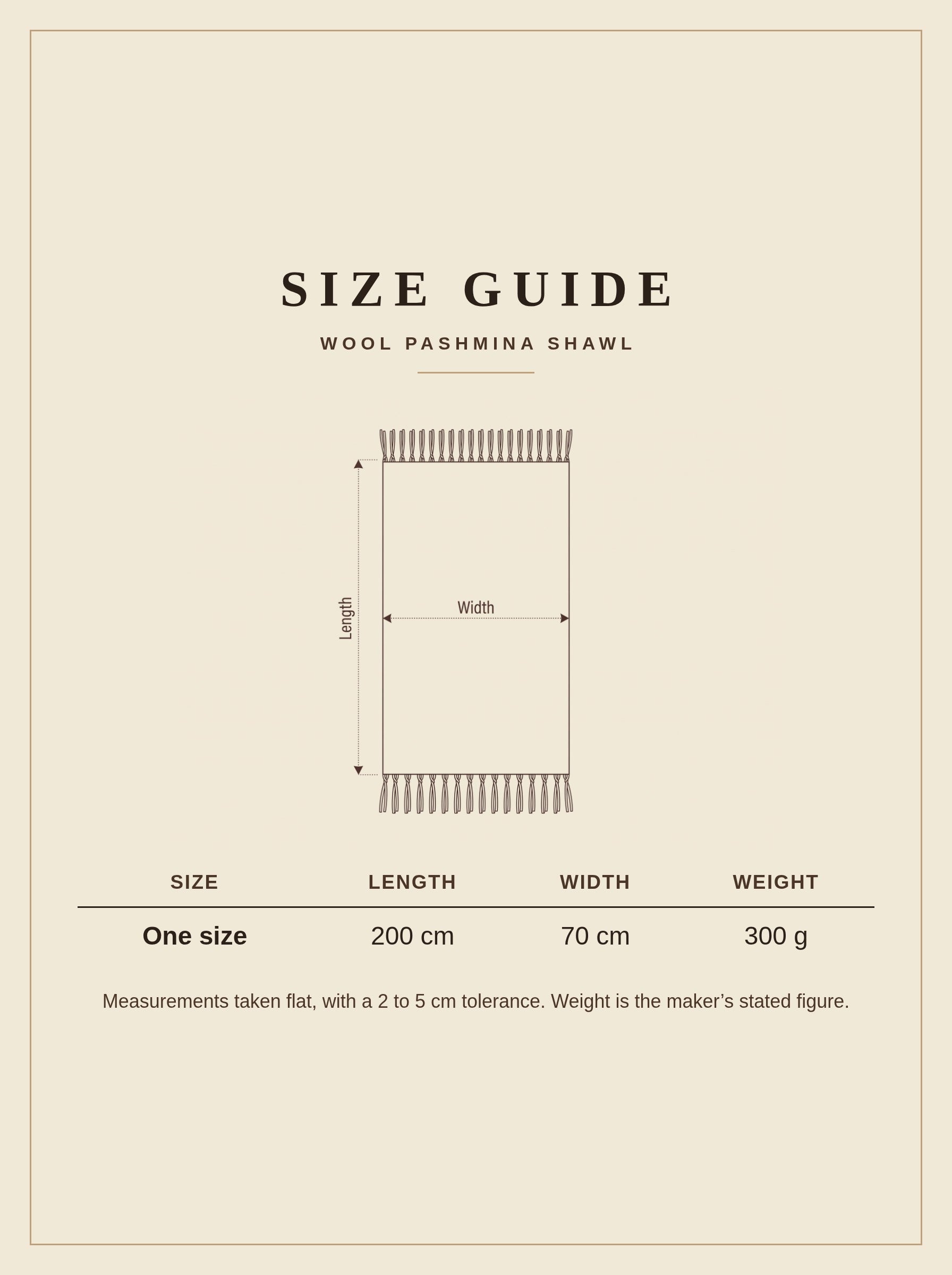 Size guide for the wool pashmina shawl: one size, 200 cm long, 70 cm wide, 300 g