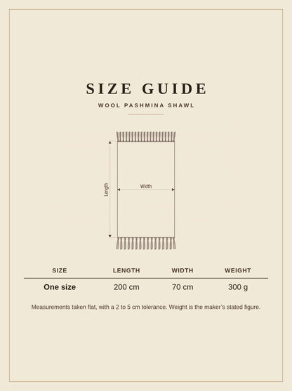 Size guide for the wool pashmina shawl: one size, 200 cm long, 70 cm wide, 300 g