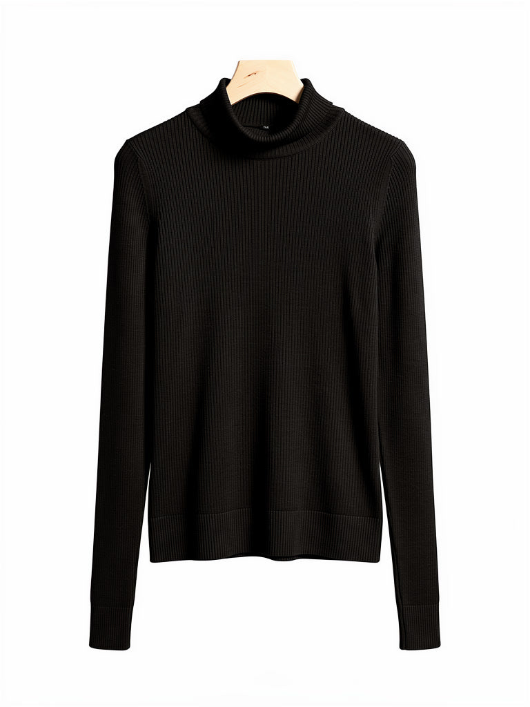 Black wool roll neck jumper on a hanger, fine rib knit with a folded roll neck and ribbed hem