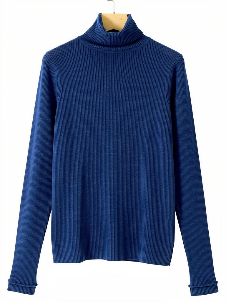 Sapphire blue wool roll neck jumper on a hanger, fine rib knit with a folded roll neck and ribbed hem