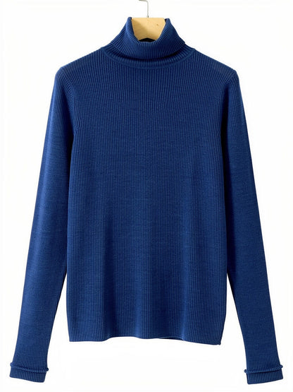Sapphire blue wool roll neck jumper on a hanger, fine rib knit with a folded roll neck and ribbed hem