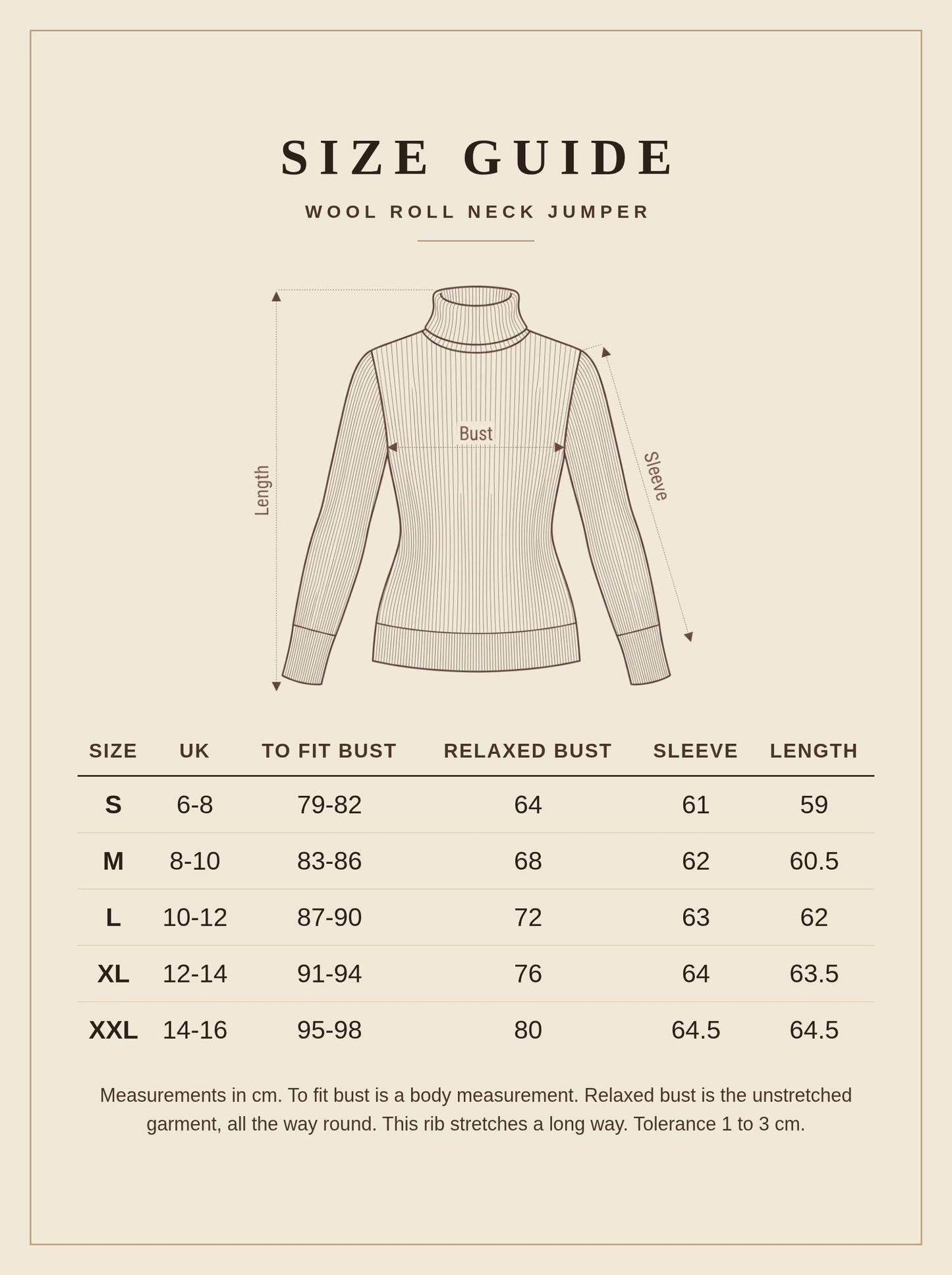 Size guide for the wool roll neck jumper, UK 6 to 16, measurements in centimetres