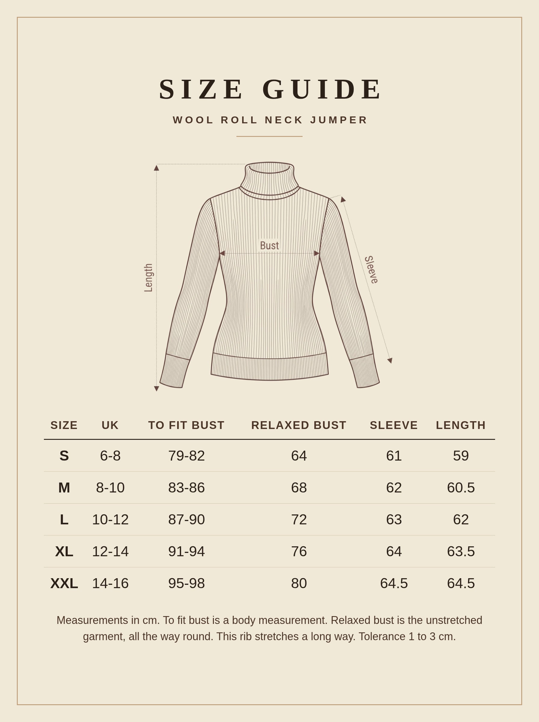 Size guide for the wool roll neck jumper, UK 6 to 16, measurements in centimetres