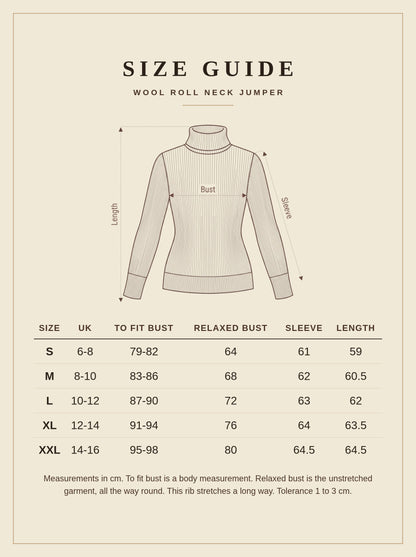 Size guide for the wool roll neck jumper, UK 6 to 16, measurements in centimetres