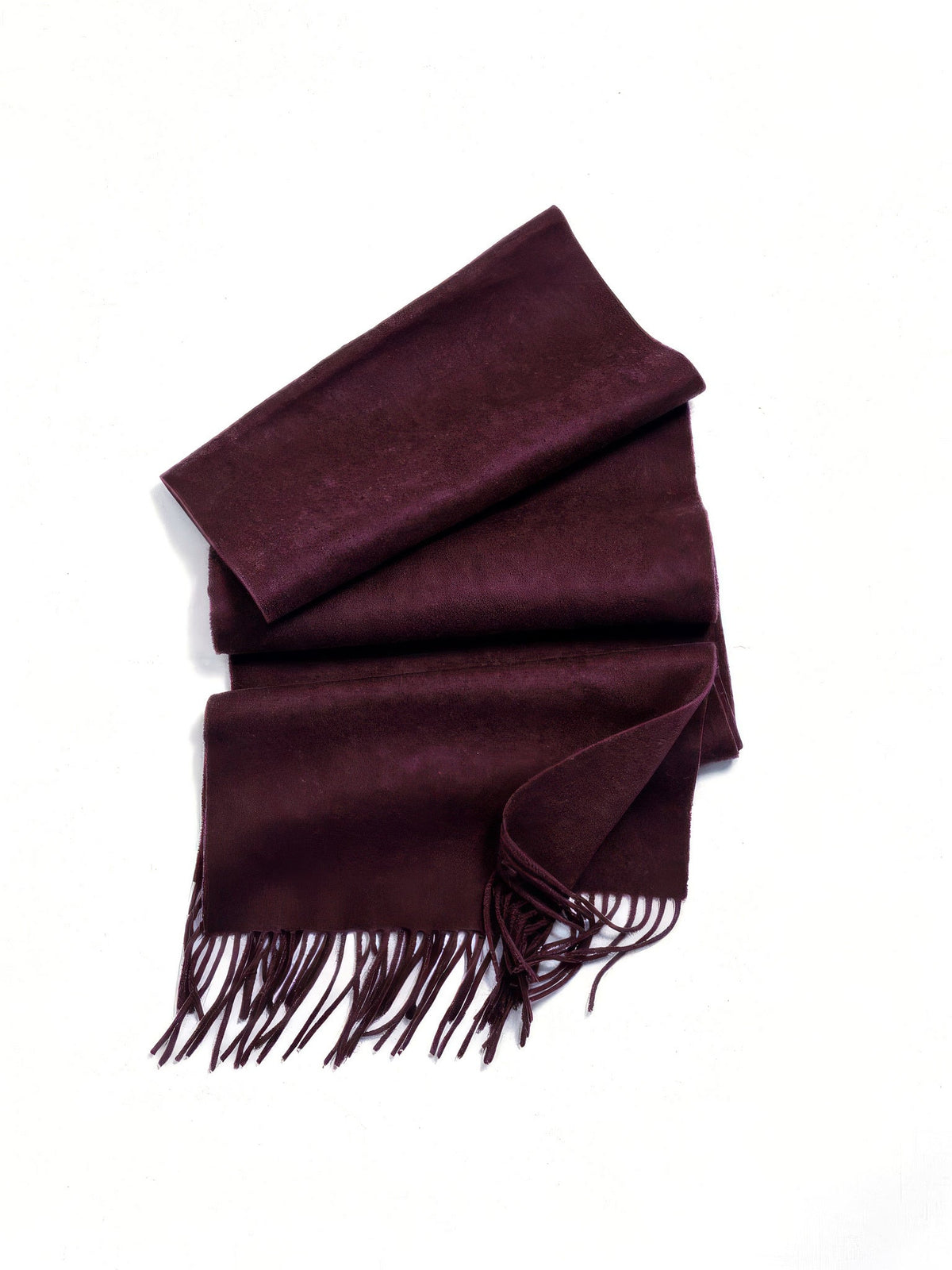 Womens wool scarf in Elderberry folded flat, 200cm of brushed wool with a twisted fringe