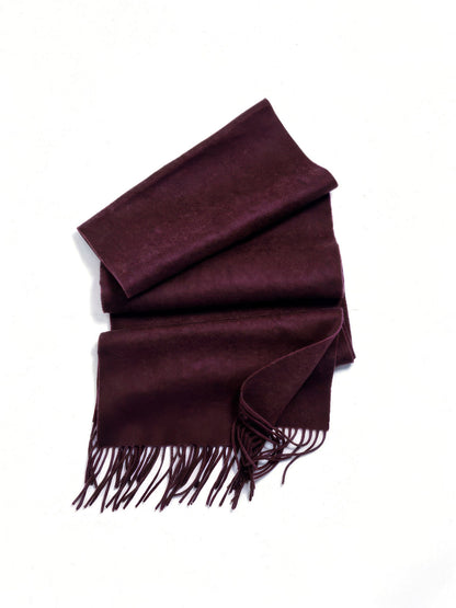 Womens wool scarf in Elderberry folded flat, 200cm of brushed wool with a twisted fringe