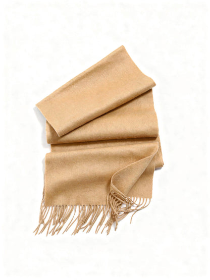 100% wool scarf in Honey folded flat on white, showing the brushed cloth and the twisted fringe
