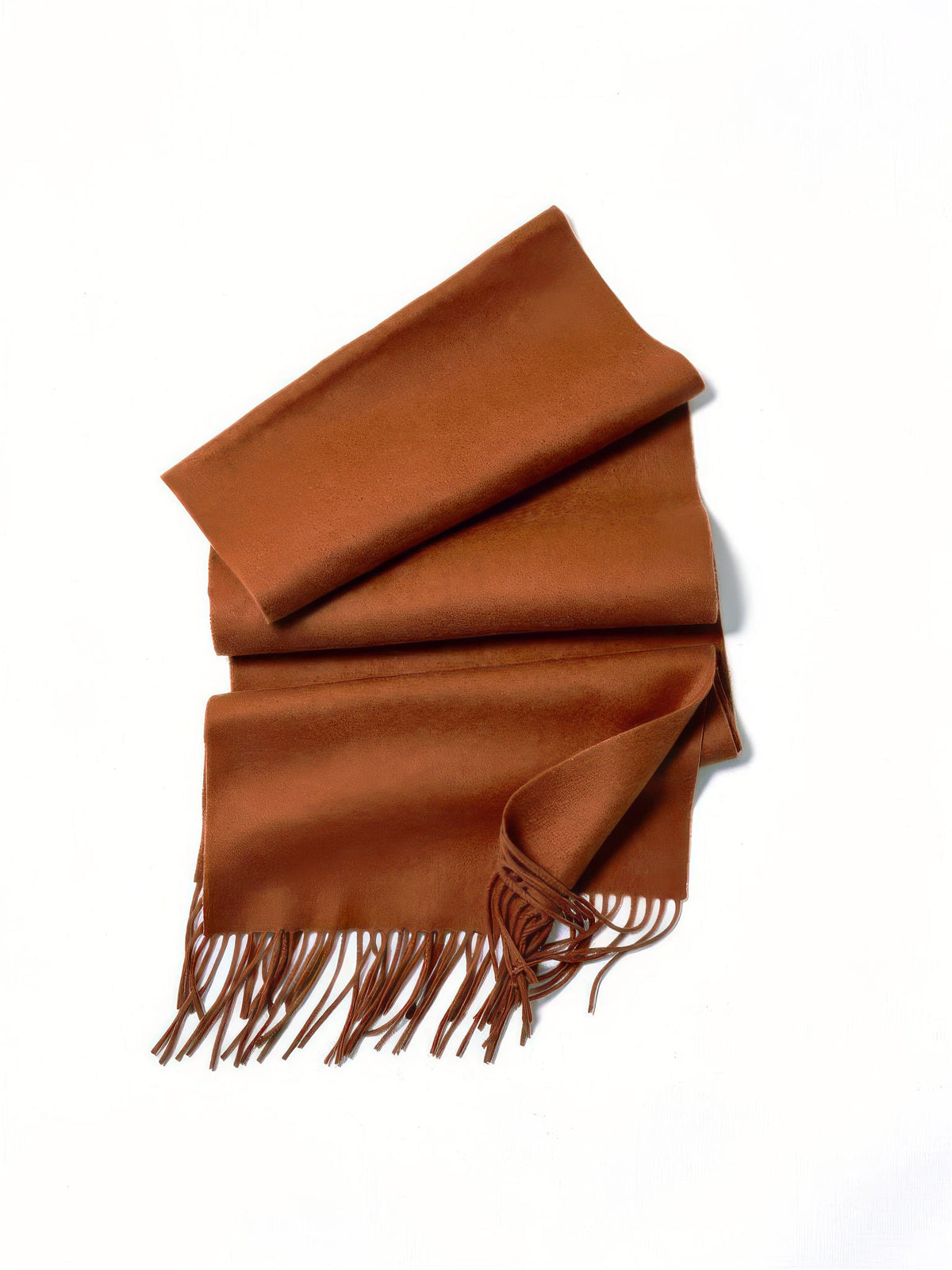 Womens wool scarf in Marmalade folded flat, 200cm of brushed wool with a twisted fringe