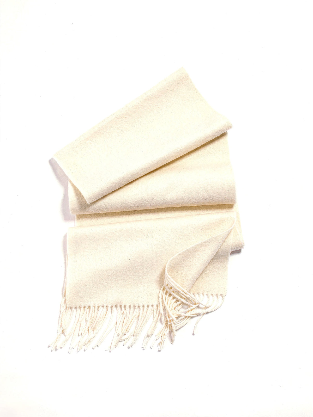Womens wool scarf in Meadowsweet folded flat, 200cm of brushed wool with a twisted fringe