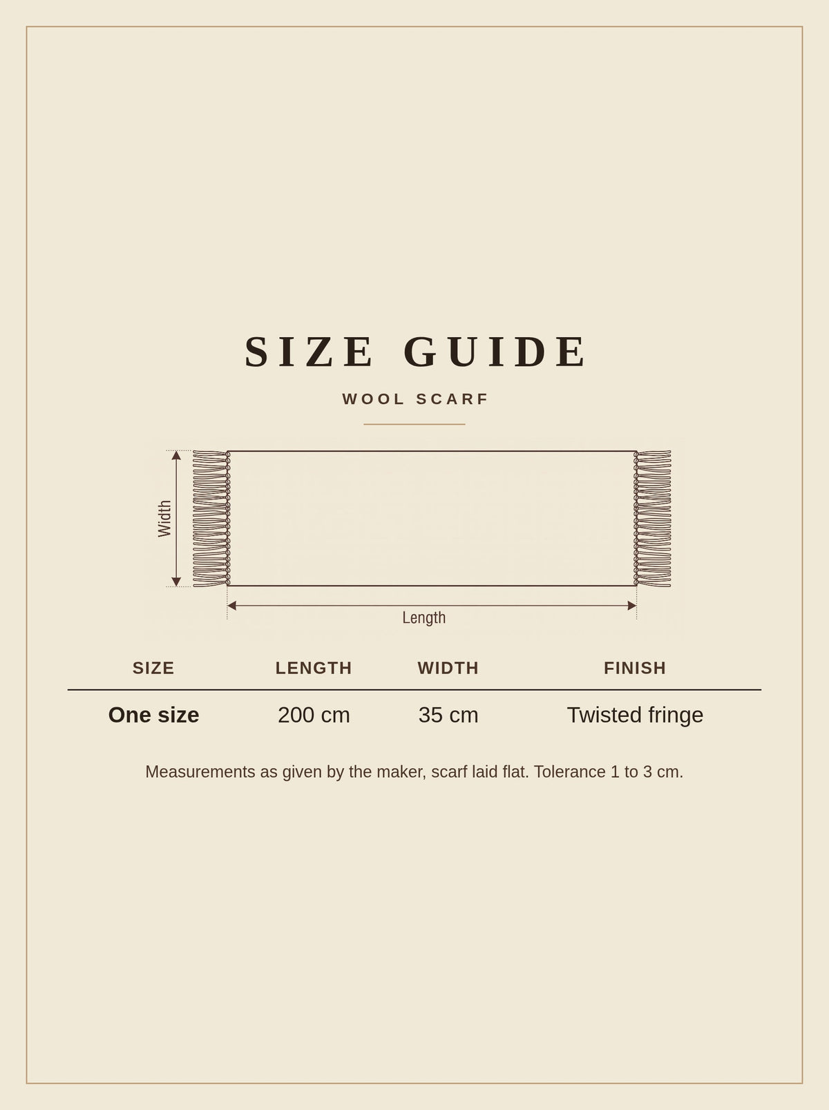 Size guide for the wool scarf, one size, 200cm long by 35cm wide with twisted fringe