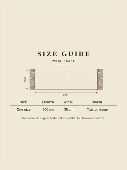 Size guide for the wool scarf, one size, 200cm long by 35cm wide with twisted fringe