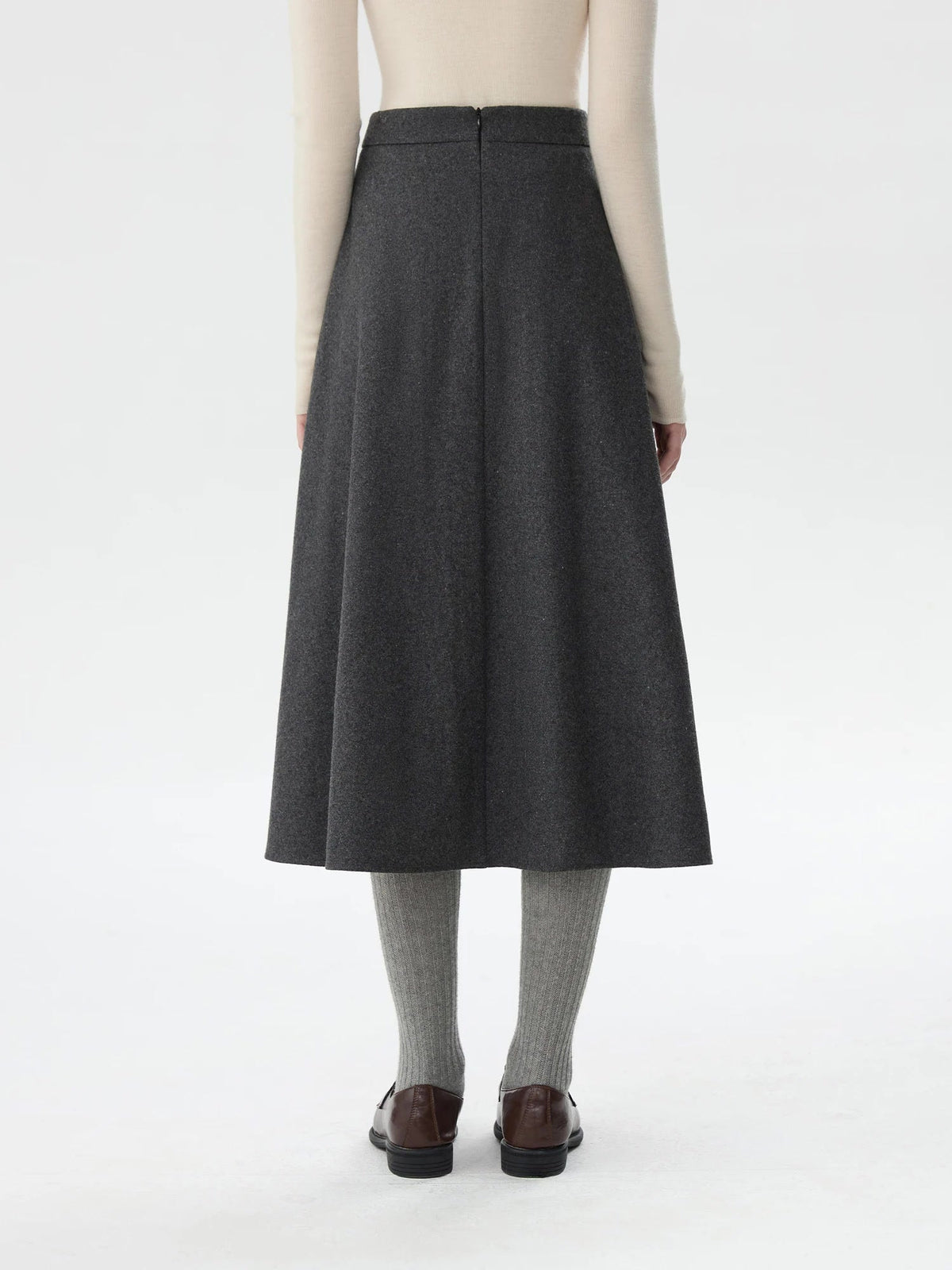 Charcoal wool skirt seen from behind showing the concealed back zip, Northleach by Harlbury