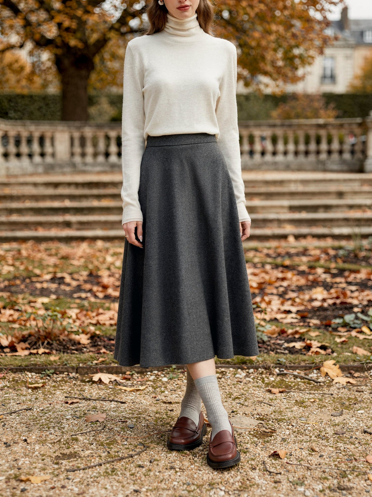 Wool skirt in charcoal, wide A-line midi worn with a cream roll neck, Northleach by Harlbury