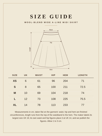 Size guide for the Northleach wool blend wide A-line midi skirt, UK 6 to 14