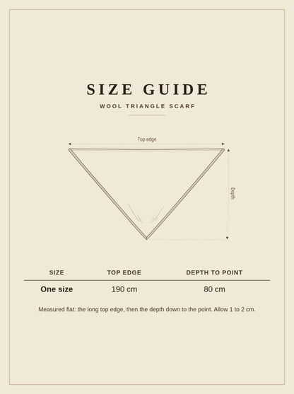Size guide for the wool triangle scarf, 190 cm along the top edge and 80 cm deep to the point
