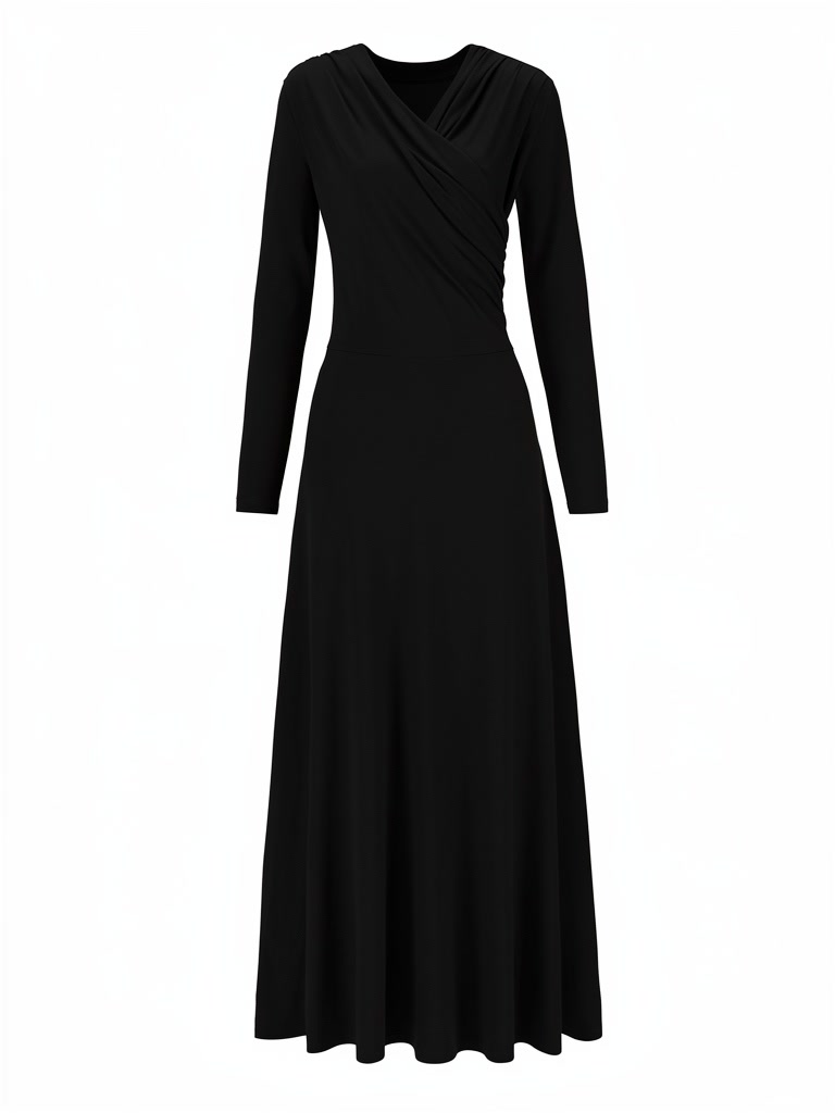 Wrap dress in black seen from the front, showing the crossed over V neck and the floor length skirt