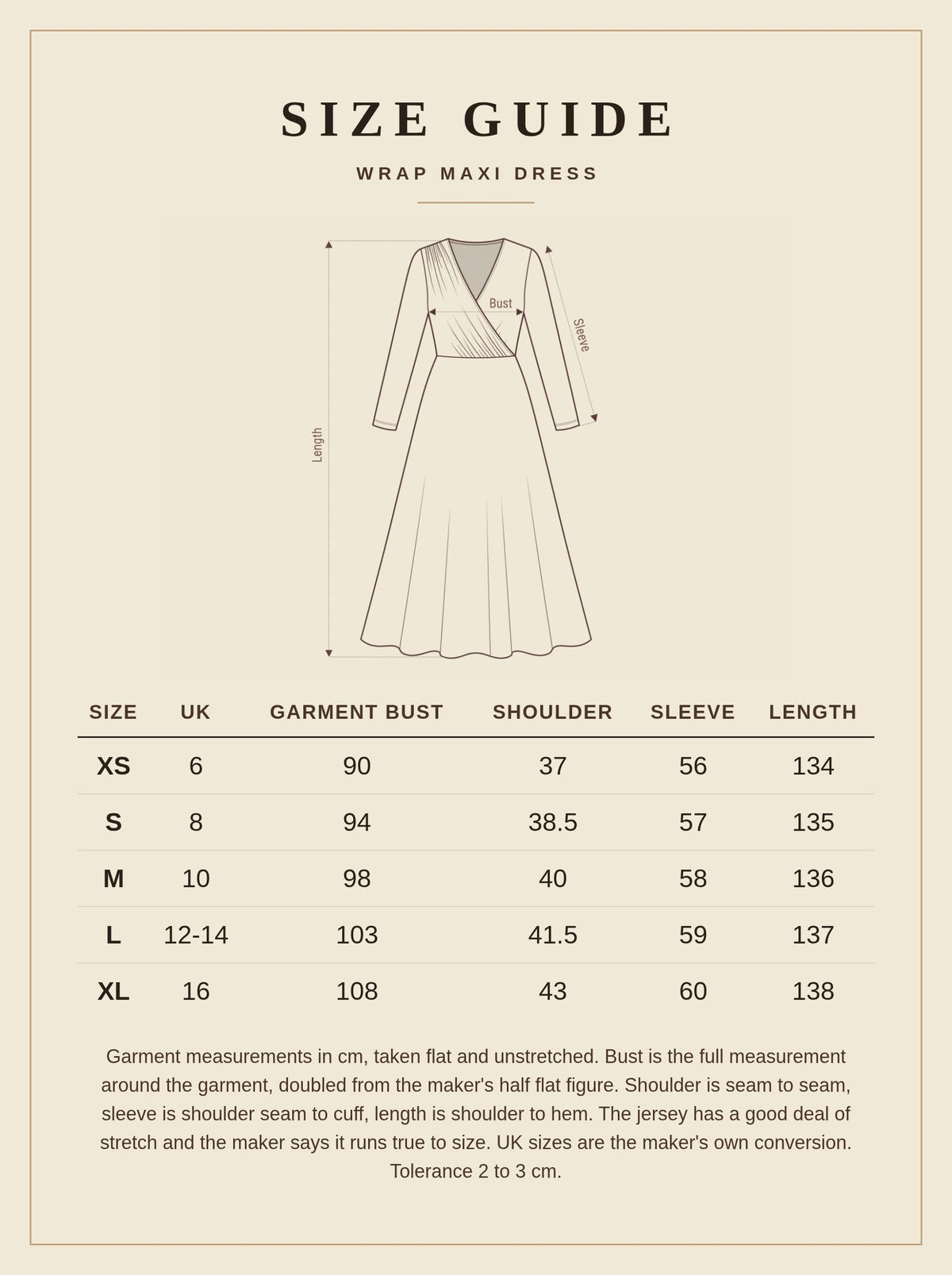 Size guide for the wrap dress, garment measurements in centimetres