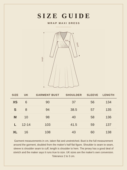 Size guide for the wrap dress, garment measurements in centimetres