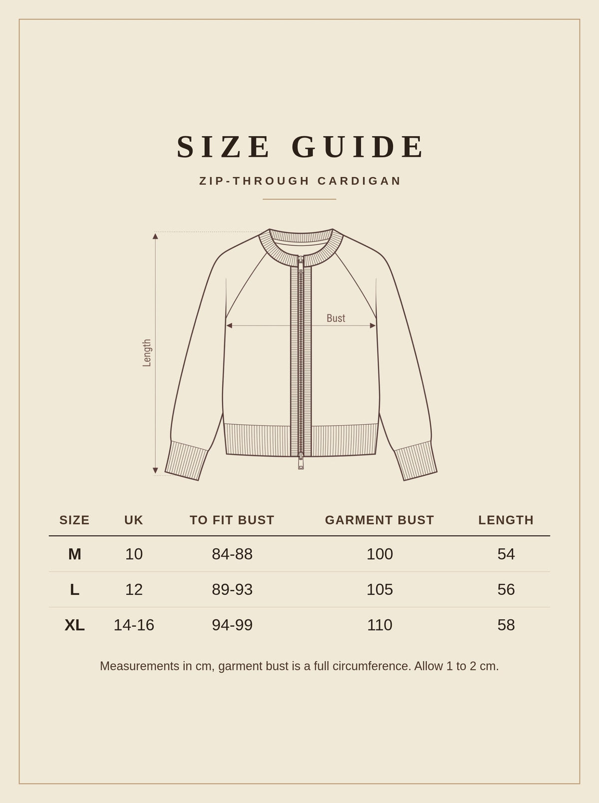 Size guide for the Fifield zip-through cardigan, sizes M to XL