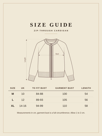 Size guide for the Fifield zip-through cardigan, sizes M to XL